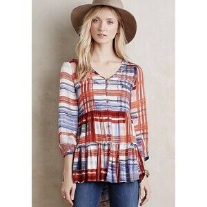 Anthropologie Maeve Lila Plaid Button Down Ruffle Blouse Size XS